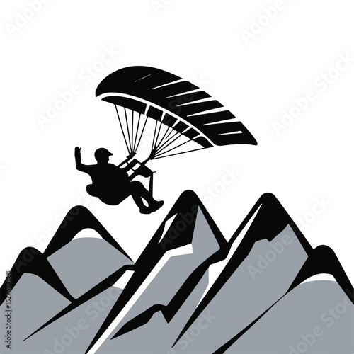 Striking black silhouette of a parachutist descending over shaded mountains, symbolizing adventure and aerial sports.