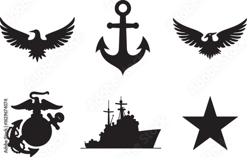 Nautical and patriotic symbols in black silhouette style icons