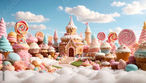 Whimsical confectionery castle on fluffy clouds