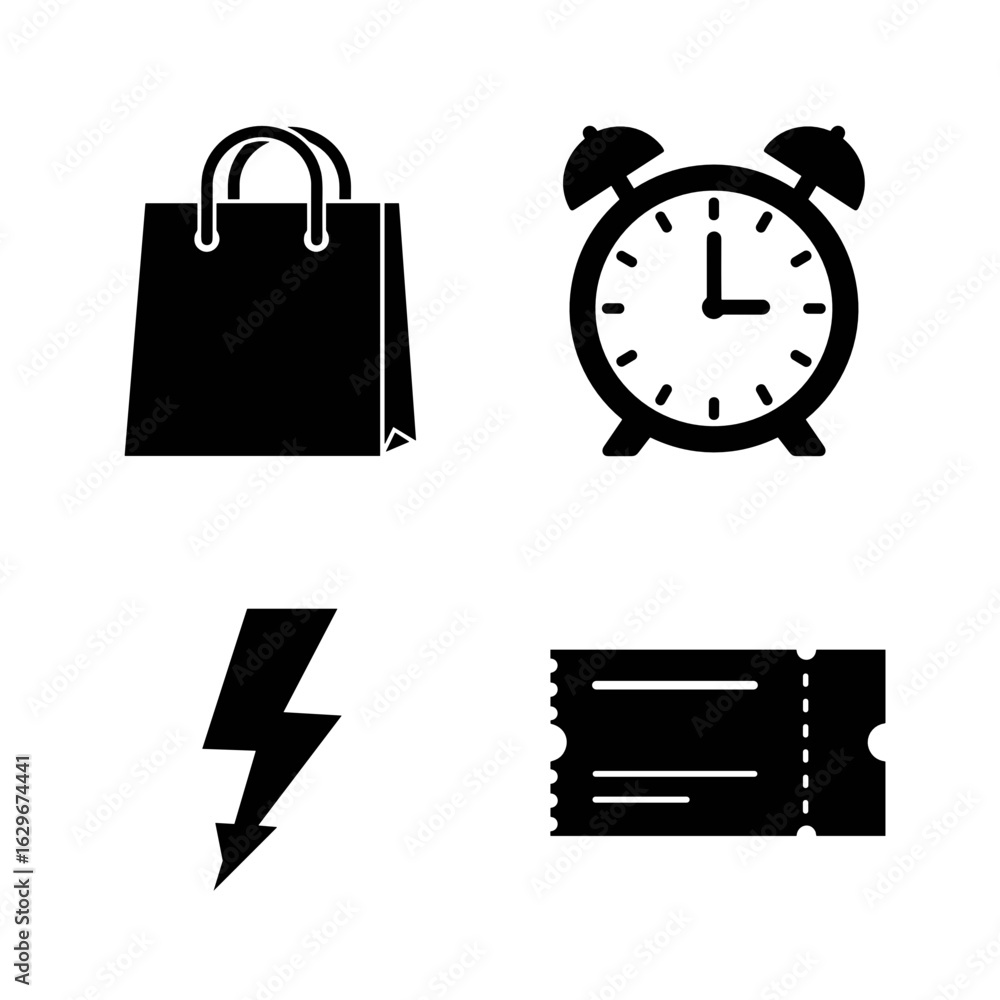 Fototapeta premium Collection of Black Friday-themed icons, including Shopping bag, Clock, Lightning bolt, Ticket
