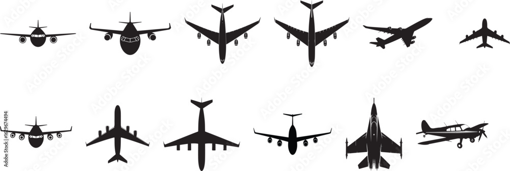 Naklejka premium set of silhouettes of plane, airplane vector illustration set