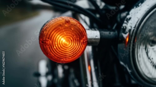 Illuminated motorcycle turn signal covered with raindrops on a classic motorbike in the rain