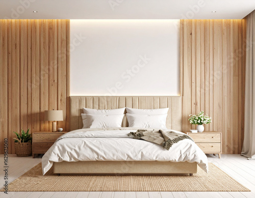 Minimal bedroom interior with Home decoration mock up. Cozy coastal stylish, furnitur .jpg - Firefly_Modern mock up room and decoration interior furniture of cozy bedroom design and wood