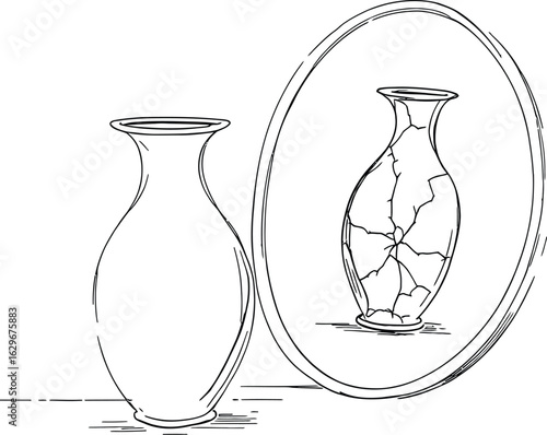 Intact Vase with Cracked Reflection in Mirror – Symbolic Contrast of Appearance vs Reality
