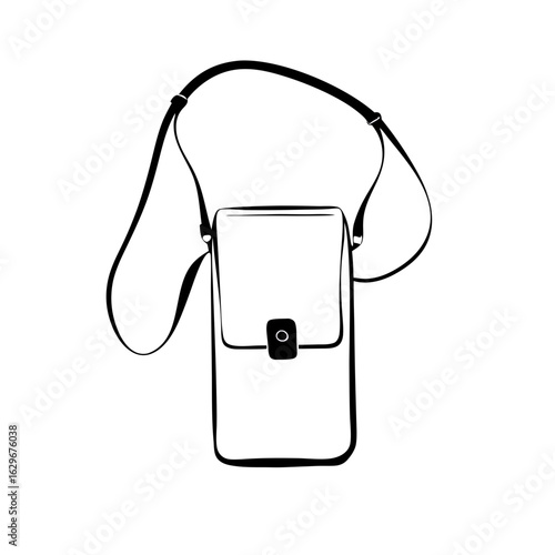 Crossbody phone bag illustration with adjustable strap and front clasp detail