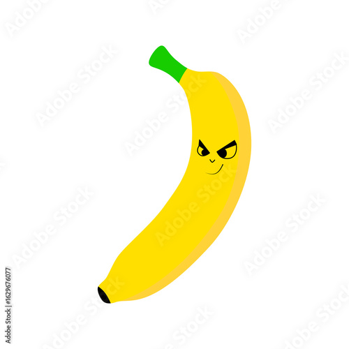 Angry Banana Cartoon with Evil Expression. Vector illustration of a banana with an angry, mischievous face expression. A bold and funny fruit character in yellow with sharp eyes and a sly smile.
