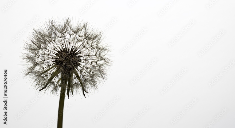 Fototapeta premium Delicate dandelion seed head softly illuminated against a bright white background. AI Generated