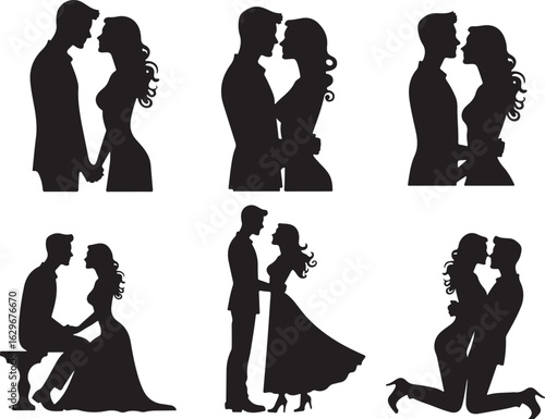 Romantic Silhouettes of Loving Couples in Various Poses Together