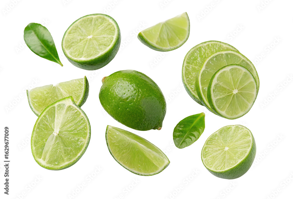 Fresh green lime slices and whole limes isolated on transparent background for healthy recipes Fresh green lime slices and whole limes isolated on transparent background for healthy recipes