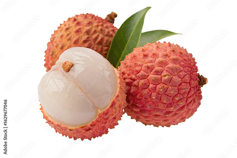 Fresh lychee fruit white flesh and textured red skin on a green leaf isolated on white background Fresh lychee fruit white flesh and textured red skin on a green leaf isolated on white background