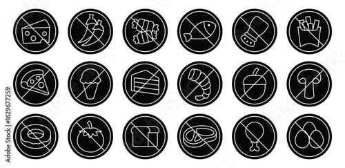 Collection Of Food Allergen Black Icon with Prohibited Symbols Vector Design on White Background