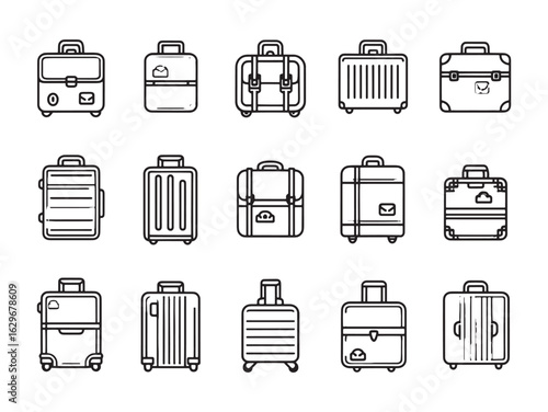 Suitcase with Stickers line art wanderlust in ink