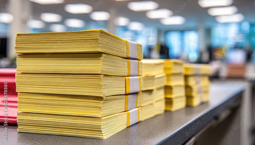 Obraz premium Stacks of yellow printed sheets on a dark surface