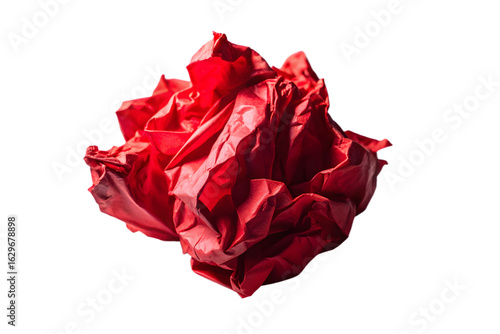 A crumpled ball of red paper, isolated on a transparent background, showcasing a vibrant and textured abstract design