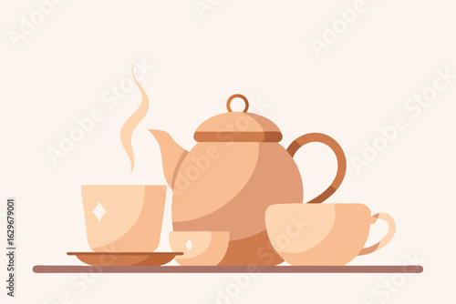 Elegant afternoon tea set with steaming teapot and cups brings cozy relaxation and a warm welcoming vibe