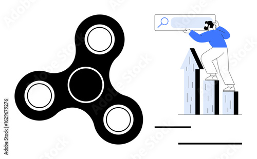 Fidget spinner alongside a person climbing growth bars holding a search bar icon. Ideal for productivity, focus, efficiency, strategy, analysis, growth, goal setting. Simple flat metaphor