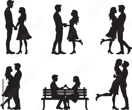 Silhouettes of romantic couples in various loving poses together