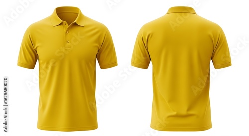 Front and back view of a mustard yellow polo shirt,  mockup,  isolated on white background.