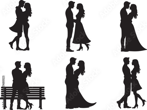 Silhouettes of romantic couples in various loving poses together