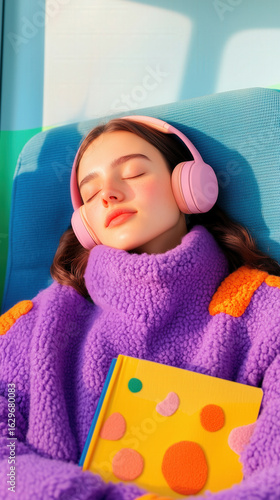 A young woman enjoys a peaceful moment listening to music in a cozy setting.