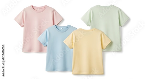 Four plain pastel-colored t-shirts arranged on a white background.