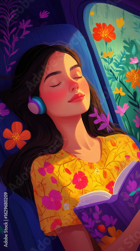 Tranquil journey woman reading on train with vibrant flower views illustration