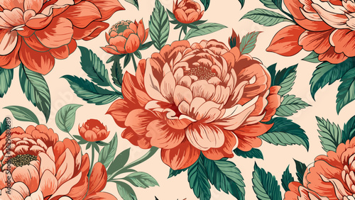 Bloom. Vintage floral seamless pattern. Spring flowers orange and white. Chinoisere white background 