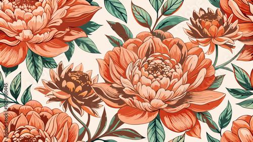 Bloom. Vintage floral seamless pattern. Spring flowers orange and white. Chinoisere white background 