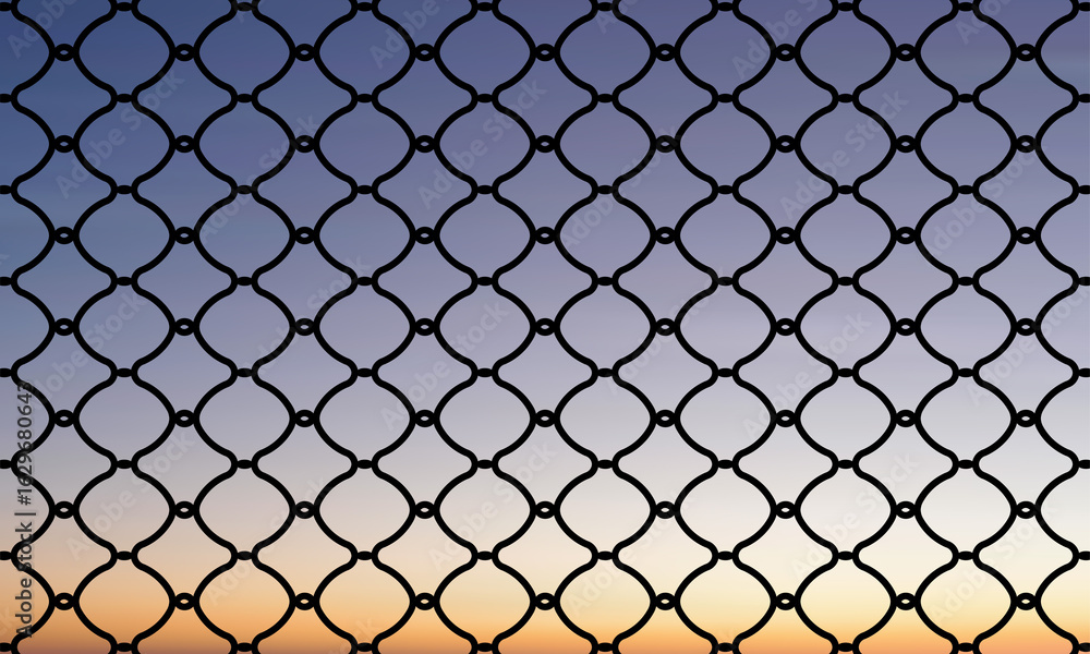Fototapeta premium Minimalist chain-link fence with diamond pattern against a serene gradient sky. Soft sunset or sunrise hues blend smoothly, creating a calm, tranquil background with diffused lighting.