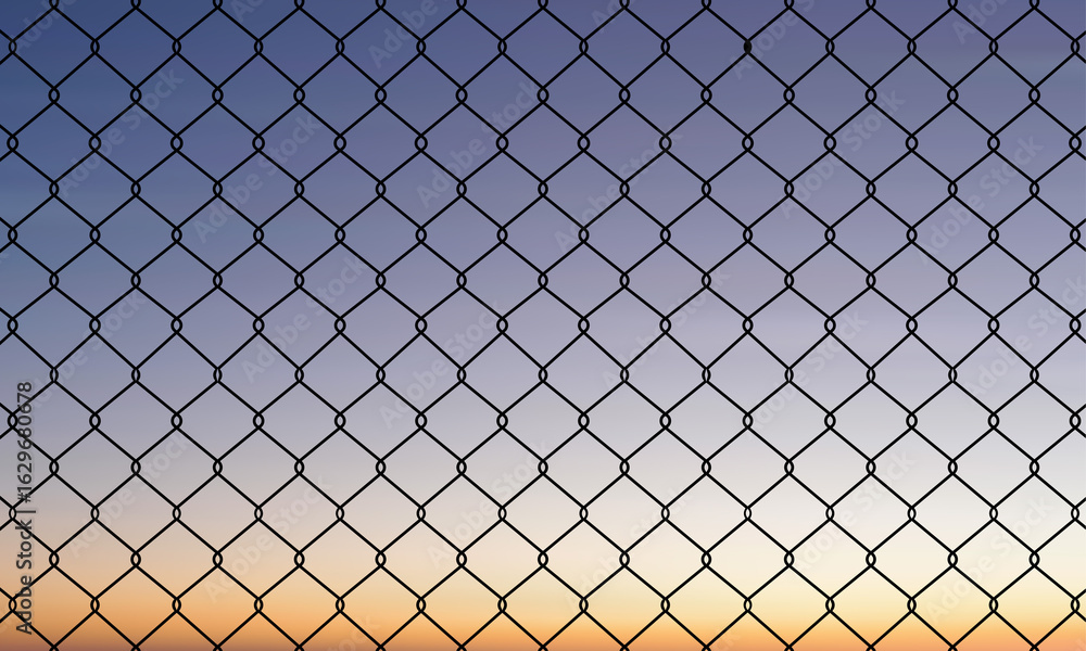 Fototapeta premium Minimalist chain-link fence with diamond pattern against a serene gradient sky. Soft sunset or sunrise hues blend smoothly, creating a calm, tranquil background with diffused lighting.