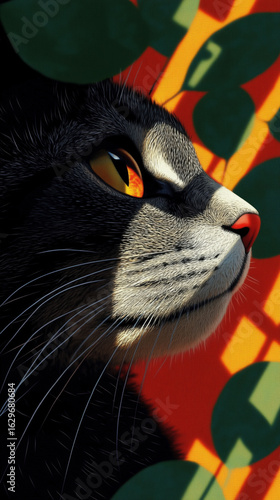Vibrant black cat portrait digital art close-up