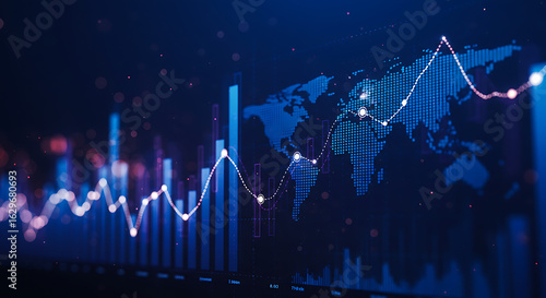 A glowing financial chart with data analytics on a digital world map background.