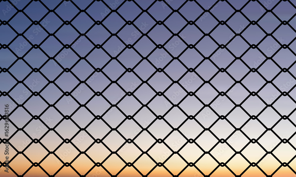 Fototapeta premium Minimalist chain-link fence with diamond pattern against a serene gradient sky. Soft sunset or sunrise hues blend smoothly, creating a calm, tranquil background with diffused lighting.
