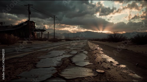 Abandoned Desert Road Under Dramatic Cloudy Sky at Sunset