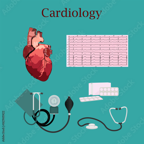 Heart and objects of human cardiac health research: electrocardiogram, tonometer, phonendoscope, tablets, on aquamarine background