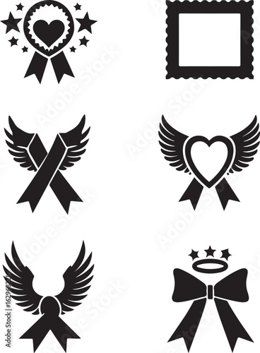 Collection of angel wing and heart symbols in black