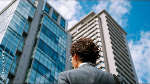 Businessman Looking Up at Modern Cityscape Under Blue Sky