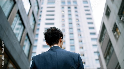 Man in Suit Stands in Urban Setting Looking Up at Tall Buildings