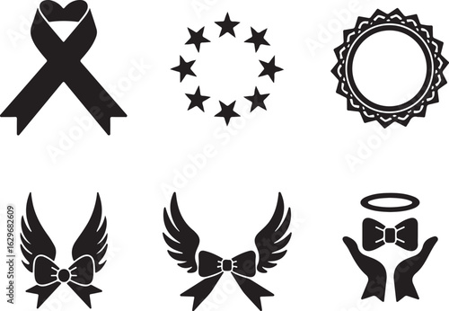 Black Icons of Angels and Symbolic Emblems on White