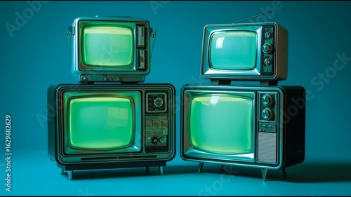 Vintage Televisions in Bright Turquoise Background with Glow Effect