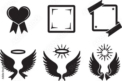 Collection of black and white symbolic icons and graphics