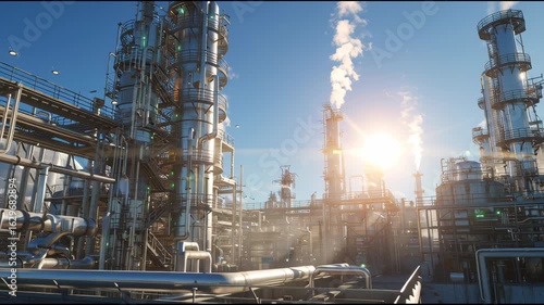 Industrial Complex with Pipes and Structures at Sunrise in Background