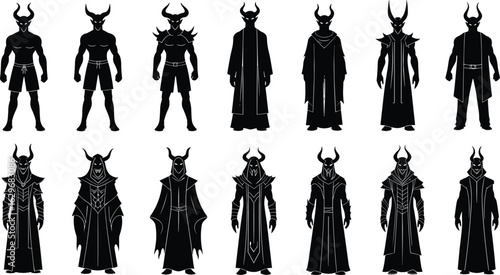 Dark villain character silhouettes, horned fantasy figures, evil costume icons, gothic dark lord poses, black mysterious villain vector collection