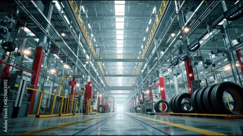 Industrial Warehouse Interior with Machinery and Storage Racks