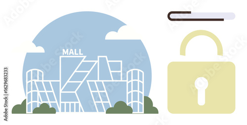 Contemporary mall building outlined against a simple background with a yellow padlock and loading bar. Ideal for retail security, data protection, shopping access, cybersecurity, lock screen