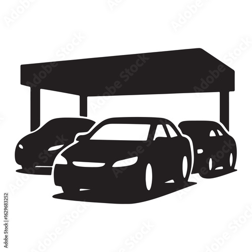 "Silhouette of Car Parking Garage with Vehicles and Security Shield Icon Isolated on White"

