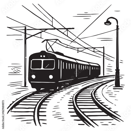 Silhouette of Passenger Train on Curved Railway Track with Overhead Wires
