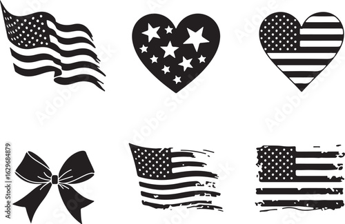 American patriotic symbols and flags in black and white