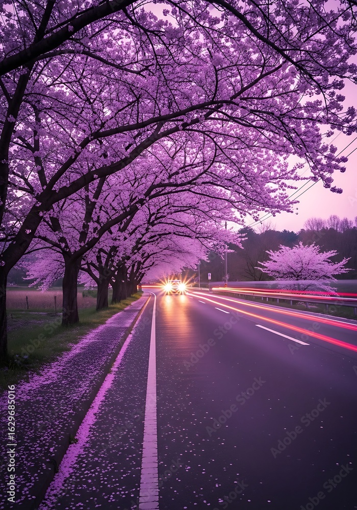 Fototapeta premium A road lined with blossoming cherry trees at twilight.