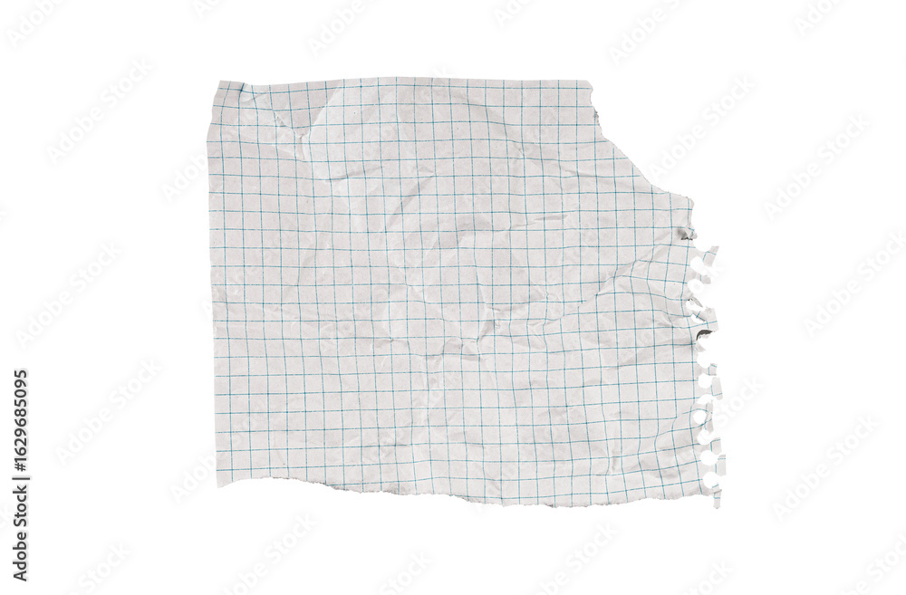 Obraz premium A crumpled torn checkered paper on a white background enhances art projects. Its textured surface inspires unique sketches and creative designs.